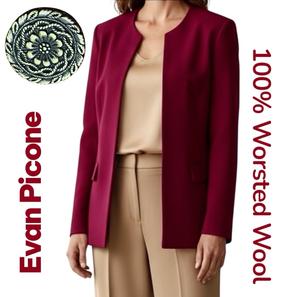 Evan Picone Blazer 100% Worsted Wool Burgundy Buttons Up Made/USA Sz 16 NWOT